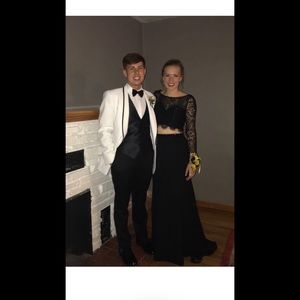 Black Long Lace Sleeve Two Piece Prom Dress